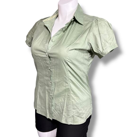 Love Potion Womens Blouse Button Down Shirt Short Puffed Sleeves Green Large - Picture 7 of 9